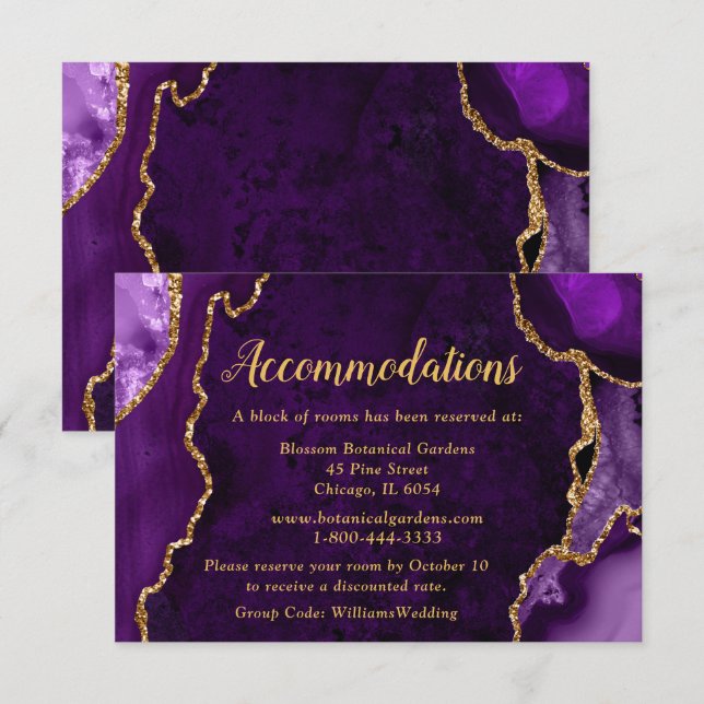 Carte D'accompagnement Hébergement de mariage Agate Violet et Or (Devant / Derrière)
