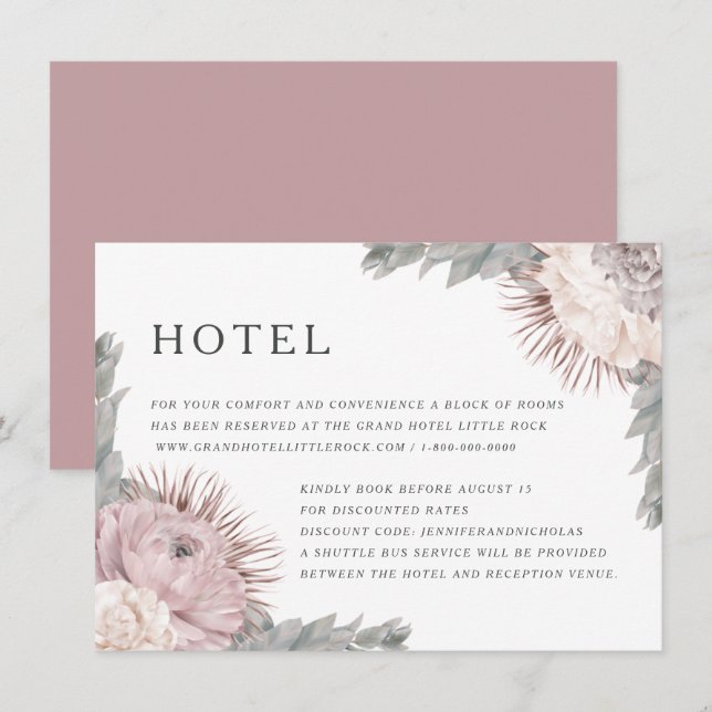 Carte D'accompagnement Hébergement de mariage aux fleurs séchées roses (Devant / Derrière)