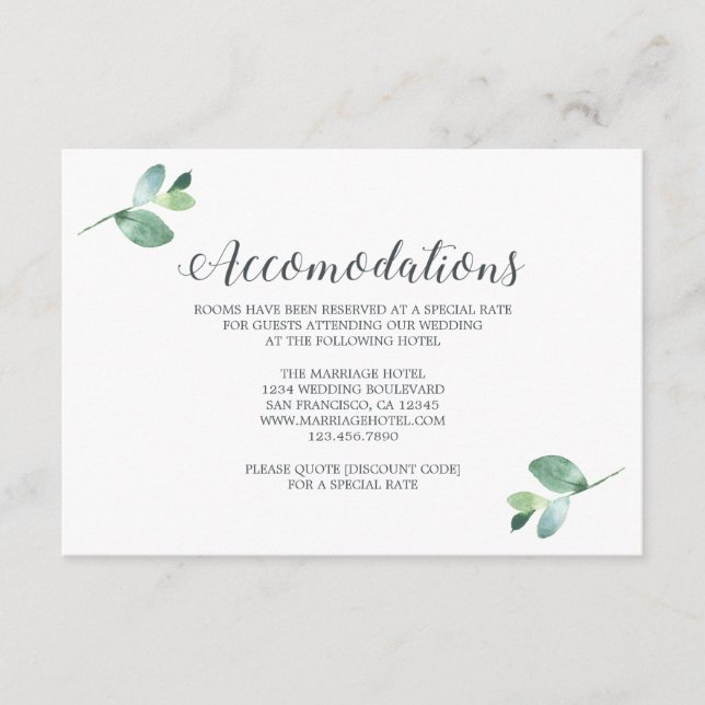 Carte D'accompagnement Hébergement de mariage avec feuillage d'eucalyptus (Devant)