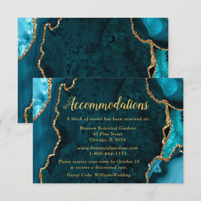 Carte D'accompagnement Hébergement de mariage bleu sarcelle et agate doré (Devant / Derrière)