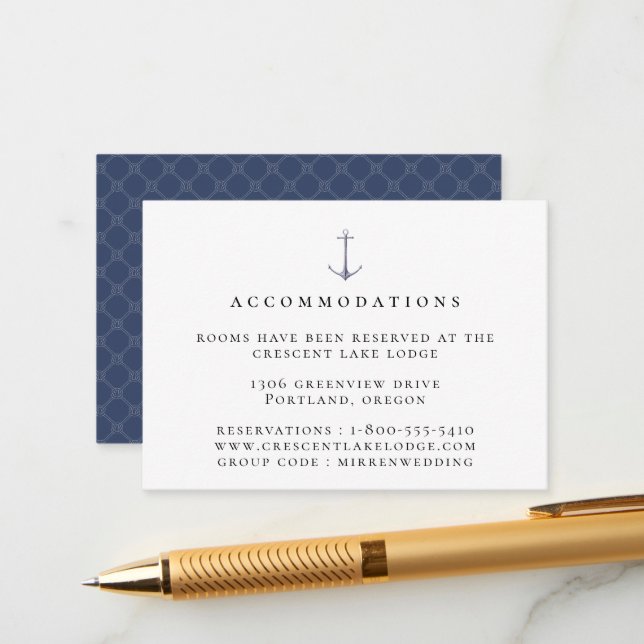 Carte D'accompagnement Hébergement de mariage élégant à l'ancre nautique (Devant/Arrière en situation)