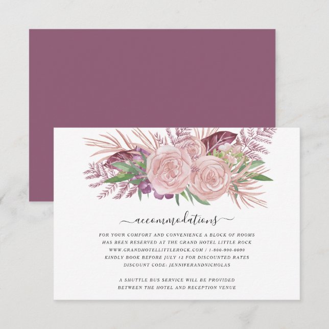 Carte D'accompagnement Hébergement de mariage floral aquarelle rose blush (Devant / Derrière)