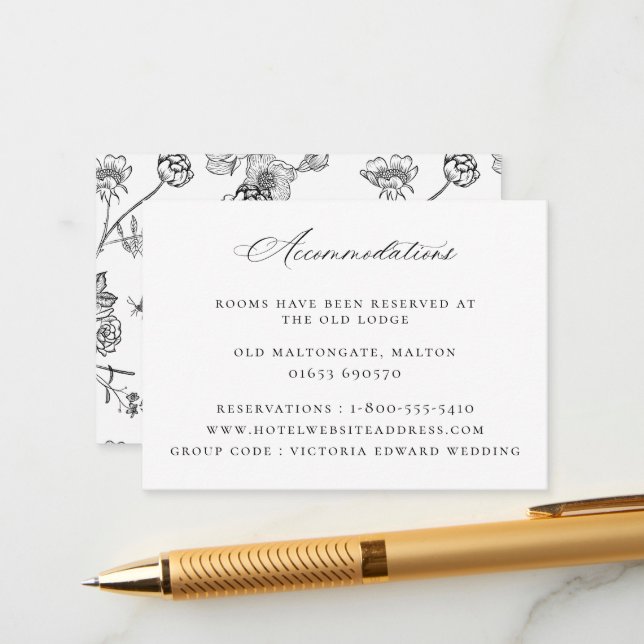 Carte D'accompagnement Hébergement de mariage floral noir vintage (Devant/Arrière en situation)