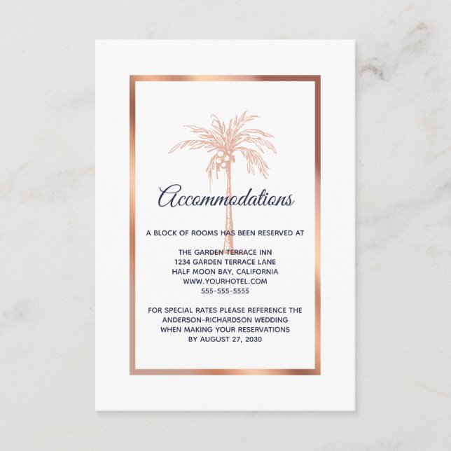 Carte D'accompagnement Hébergement de mariage Rose Gold Navy Palmier (Devant)