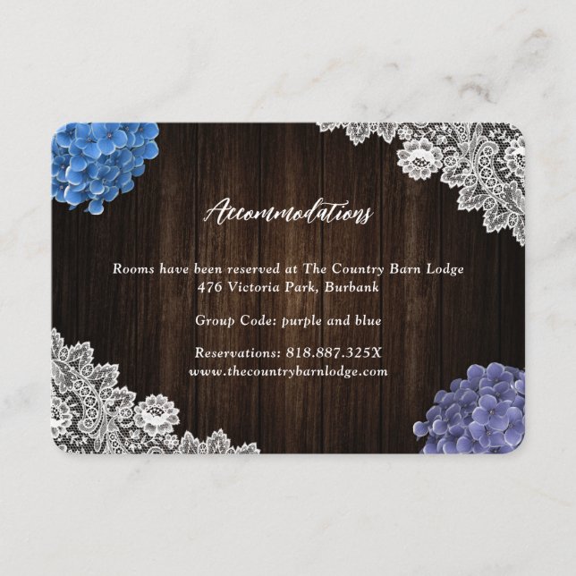 Carte D'accompagnement Hébergement d'hôtel de mariage floral bleu violet (Devant)