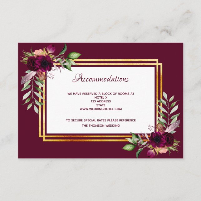 Carte D'accompagnement hébergement mariage boho bordeaux fleuri (Devant)