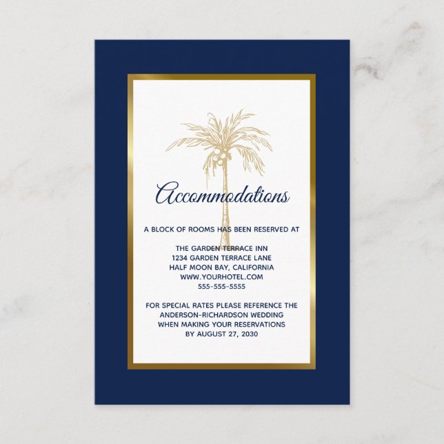 Carte D'accompagnement Hébergement Mariage Gold Palm Tree de la Marine (Devant)