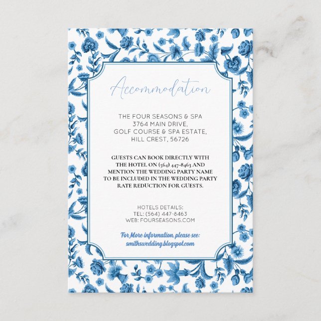 Carte D'accompagnement Hébergement Mariage RSVP Chintz Bleu Blanc (Devant)
