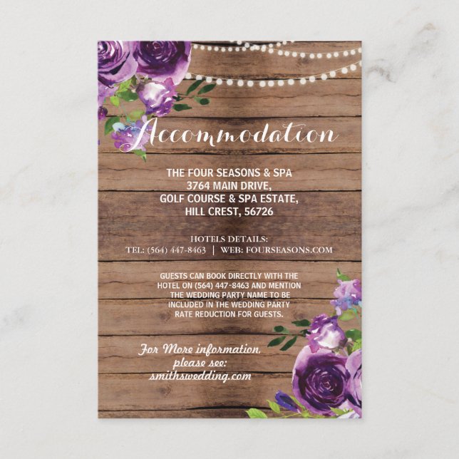 Carte D'accompagnement Hébergement Rustique Mariage Fleurs Bois Violet (Devant)
