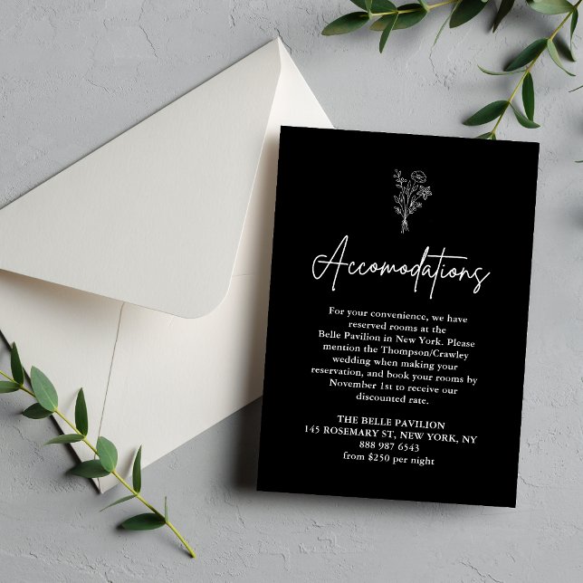Carte D'accompagnement Hébergements de mariage noir Boho Botanicals (Botanical black accommodations enclosure card shares stay details with sleek style for your guests)