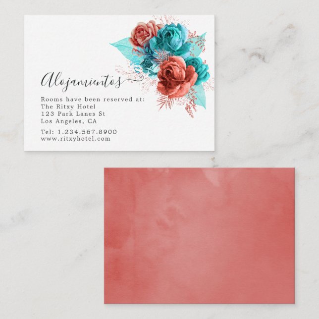Carte D'accompagnement Hébergements de mariage turquoise et corail espagn (Devant / Derrière)