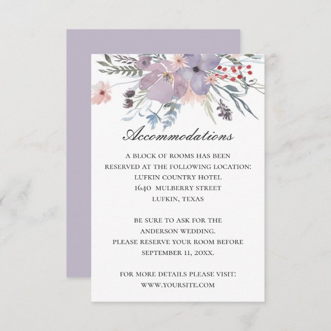 Carte D'accompagnement Hébergements fleuris mauve. Détails du mariage (Devant / Derrière)