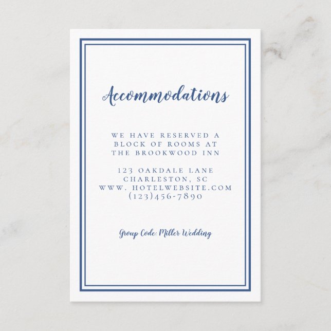 Carte D'accompagnement Hébergements Simple Classique Bleu Blanc Mariage (Devant)