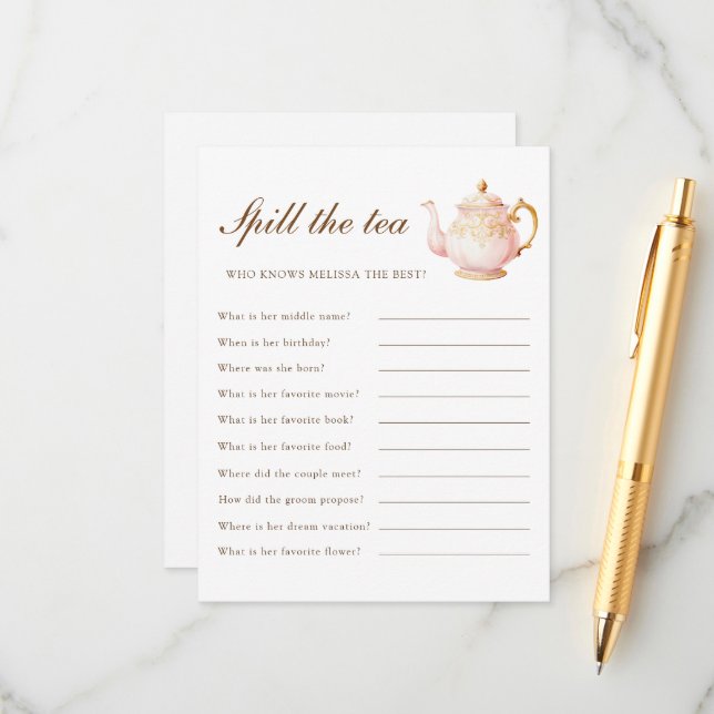 Carte D'accompagnement High Tea Pastel Bridal Shower Party Game (Devant/Arrière en situation)