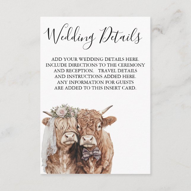 Carte D'accompagnement Highland Cow Détails du Mariage Informations (Devant)