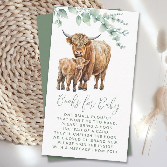 Carte D'accompagnement Highland Cow Eucalyptus Livres Pour Le Baby shower (Créateur téléchargé)