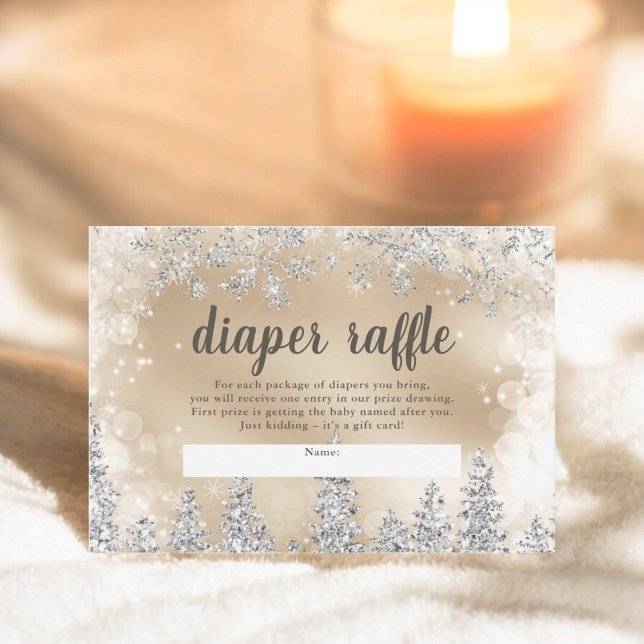 Carte D'accompagnement Hiver argent neige pin or diaper tombole bébé (Winter silver snow pine gold diaper raffle baby enclosure card)