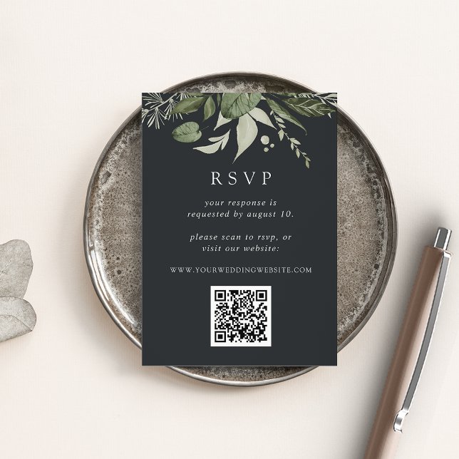 Carte D'accompagnement Hiver Meadow Green Botanical QR Code Mariage RSVP (Créateur téléchargé)