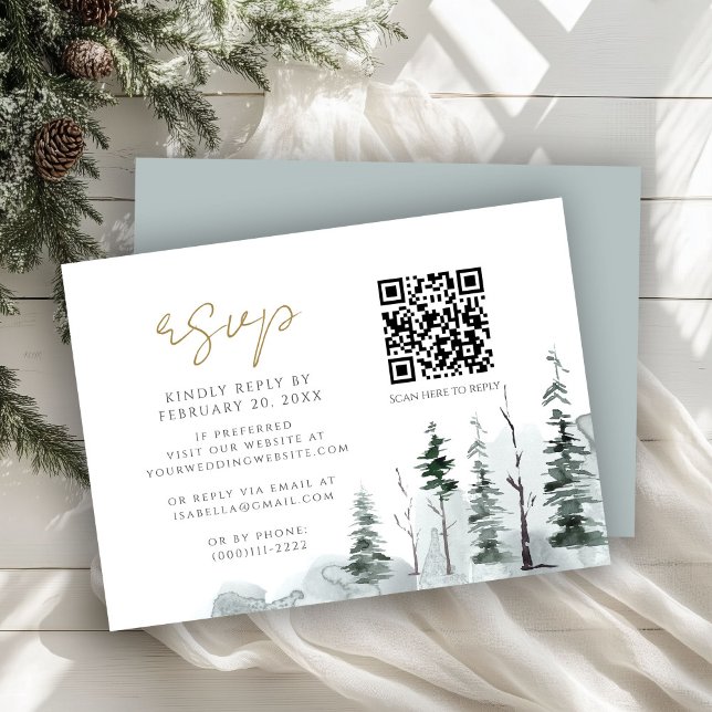 Carte D'accompagnement Hiver Paysage Forêt de pins QR Code Mariage RSVP (Créateur téléchargé)