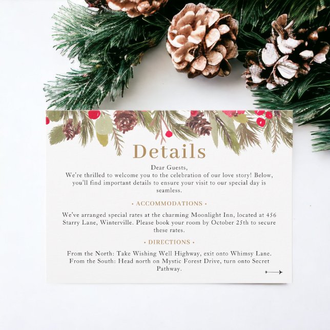 Carte D'accompagnement Hiver pin élégance rouge vert détails Mariage (Winter pine elegance red green Wedding details Enclosure Card)