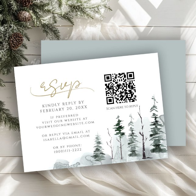 Carte D'accompagnement Hiver Pine Forêt Sage QR Code Mariage RSVP (Créateur téléchargé)
