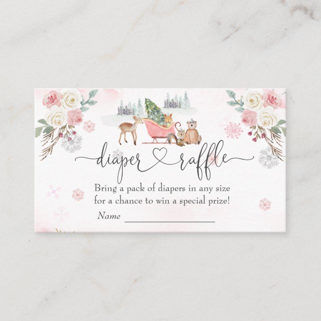 Carte D'accompagnement Hiver Pink Woodland Animaux Fille Déchets Raffle (Devant)