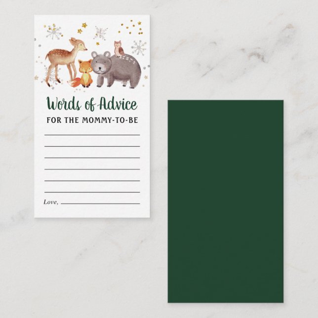 Carte D'accompagnement Hiver Woodland Animal Mots de conseil Baby shower (Devant / Derrière)
