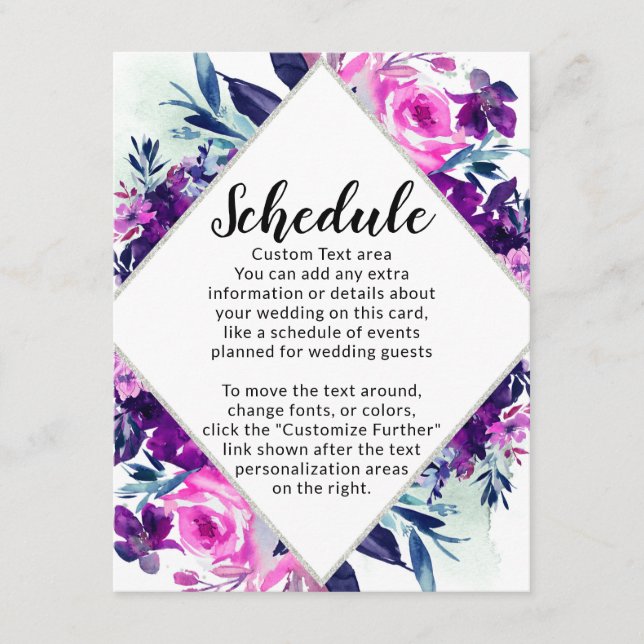 Carte D'accompagnement Horaire Mariage diamant violet floral enchanté (Devant)