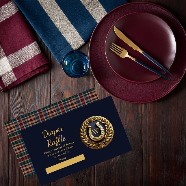 Carte D'accompagnement Horseshoe Equestre Preppy Bleu Déchets Raffle (Charming Classic Preppy Gold Horseshoe Monogram Emblem Plaid  Boy Baby Shower Diaper Raffle Card)