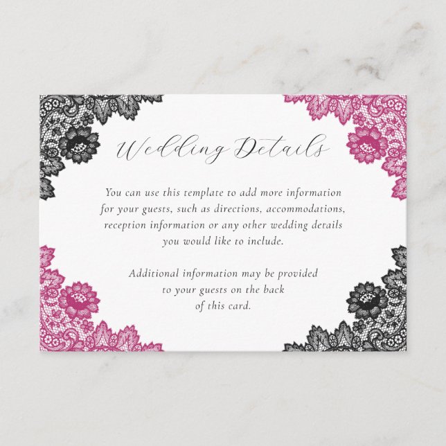 Carte D'accompagnement Hot Pink and Black Floral Lace Wedding Details (Devant)