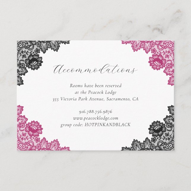 Carte D'accompagnement Hot Pink Black Floral Lace Wedding Accommodation (Devant)