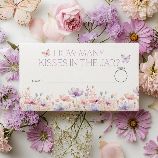 Carte D'accompagnement How many kisses Floral Butterfly Bridal Shower  (How many kisses in the jar? Bridal shower games ticket. Pastel Wildflower Butterfly Theme)