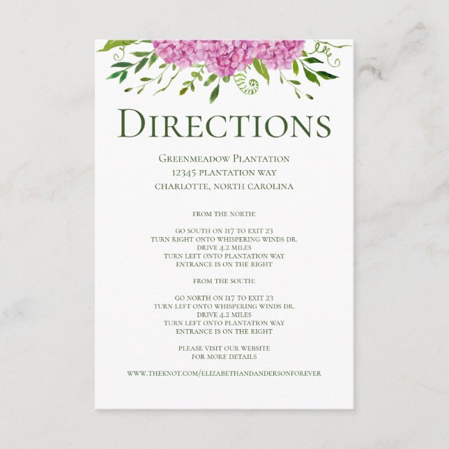 Carte D'accompagnement Hydrangeas rose Floral Mariage Directions (Devant)