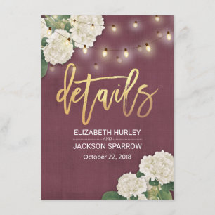 Carte D'accompagnement Hydrangée blanche Floral Mariage Détails Informati