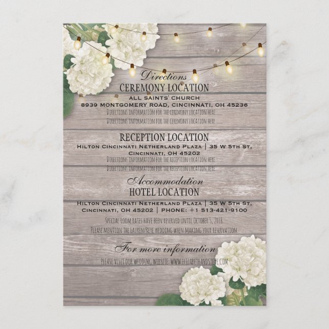 Carte D'accompagnement Hydrangée blanche Floral Mariage Détails Informati (Devant)