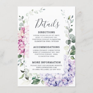 Carte D'accompagnement Hydrangées rose pâle et mariage d'eucalyptus