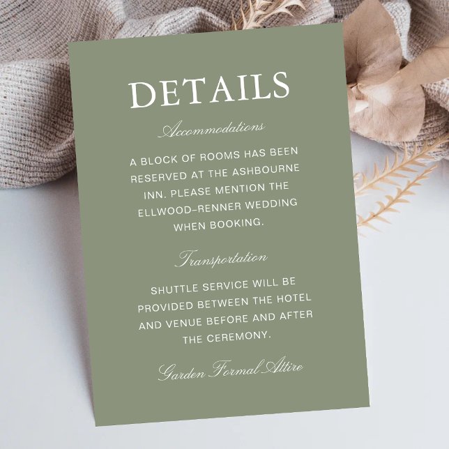 Carte D'accompagnement Informations de mariage à l'écriture classique ver (Classic dusty green enclosure cards share wedding details with timeless elegance and clarity.)