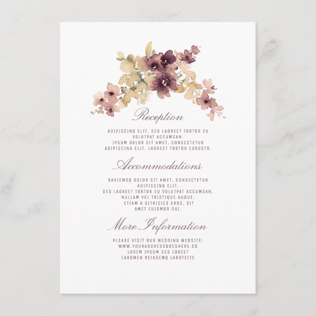 Carte D'accompagnement Informations de mariage de fleurs aquarelles vinta (Devant)