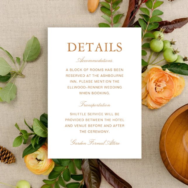 Carte D'accompagnement Informations de mariage élégantes et formelles en  (Elegant burnt orange enclosure cards keep wedding details clear with warm, refined style.)