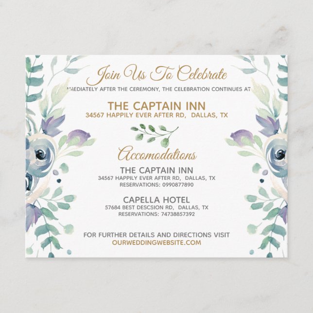 Carte D'accompagnement Informations de mariage floral Rose Bleue (Devant)