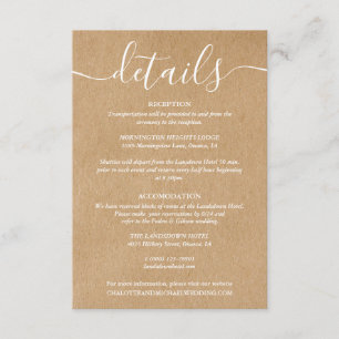 Carte D'accompagnement Informations de mariage kraft rustique de script