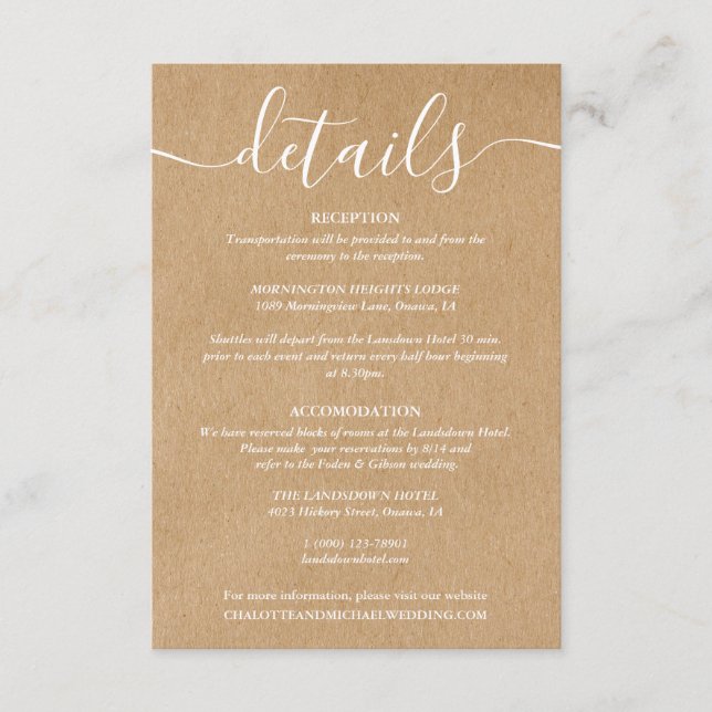 Carte D'accompagnement Informations de mariage kraft rustique de script (Devant)