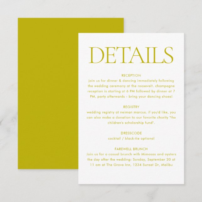 Carte D'accompagnement Informations de mariage vert Chartreuse moderne Dé (Devant / Derrière)