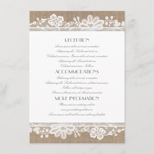 Carte D'accompagnement Informations sur le Mariage Burlap and Lace (Devant)