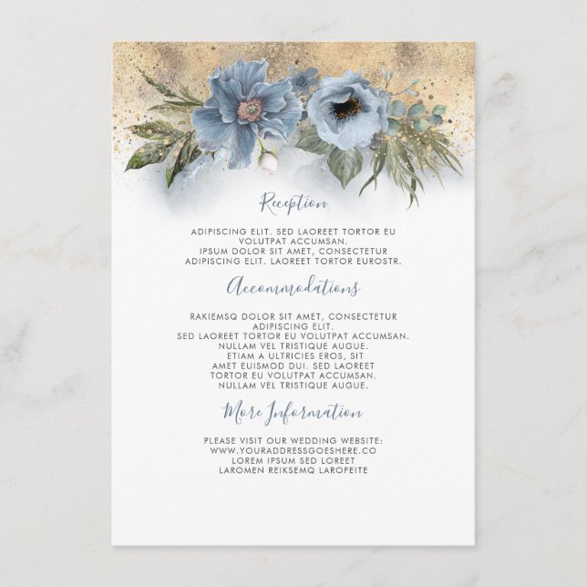 Carte D'accompagnement Informations sur le Mariage Dusty Blue and Gold (Devant)