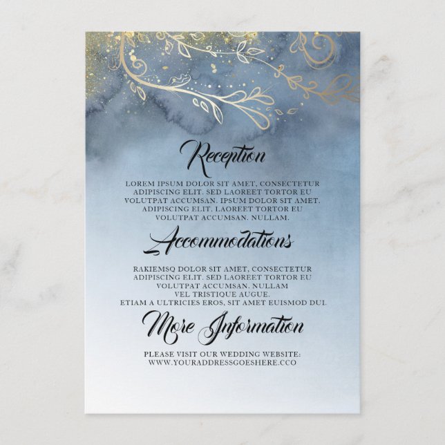 Carte D'accompagnement Informations sur le Mariage Dusty Blue et Gold (Devant)