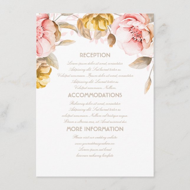 Carte D'accompagnement Informations sur le Mariage Floral Gold et Blush I (Devant)