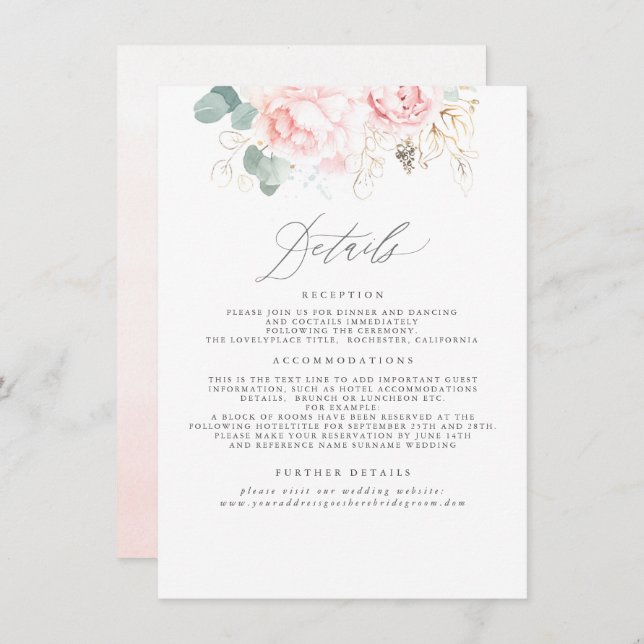 Carte D'accompagnement Informations sur le Mariage floral rose (Devant / Derrière)