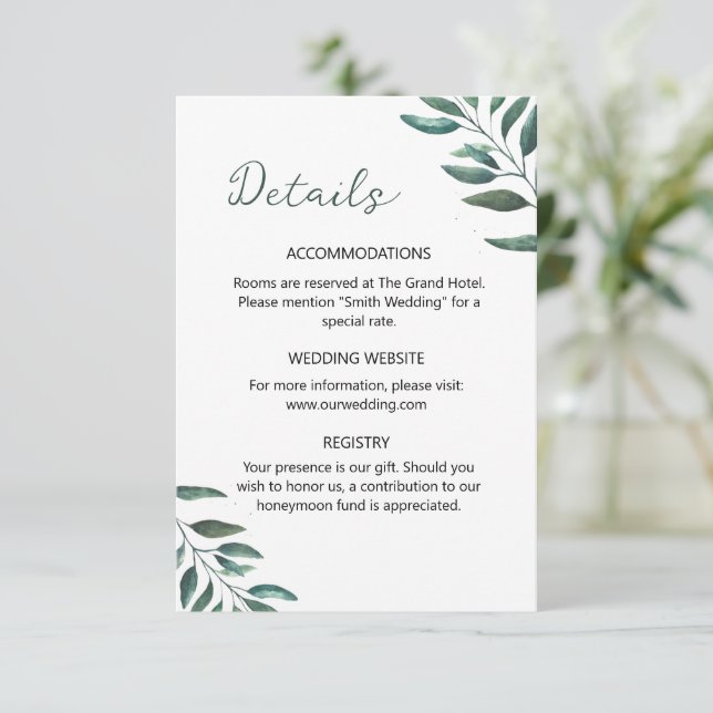 Carte D'accompagnement Informations sur l'encart simple eucalyptus (Debout devant)