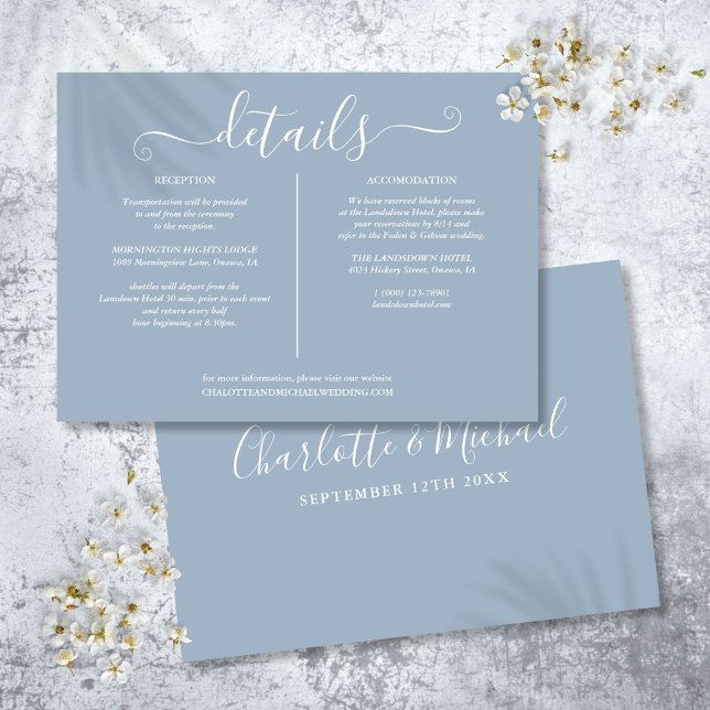 Carte D'accompagnement Informations sur les détails de mariage à signatur (Dusty Blue Signature Wedding Details Information Enclosure Card)